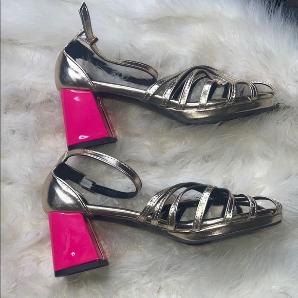 Simeela Golden Bronze Gold Silver CHROME Strappy Pink Thick Heel New N Box 41 11 - Picture 8 of 15